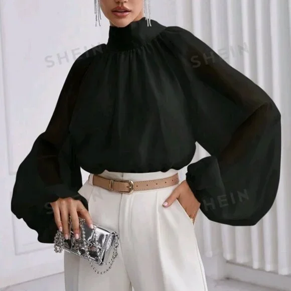 SHEIN Prive` Women's Stand Collar Raglan Lantern Sleeve Shirt - Picture 7 of 7